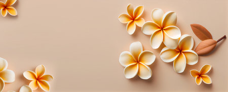 3d render of frangipani flowers on beige background mock up template for production presentationの写真素材