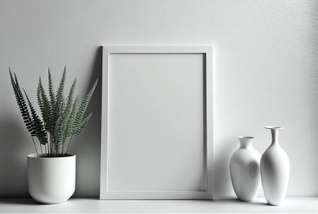 White frame mock up in interior background. 3d render mock up template for product presentation.の写真素材