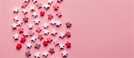 Colorful stars confetti on pink background. Flat lay, top view. mock up template for production presentationの写真素材