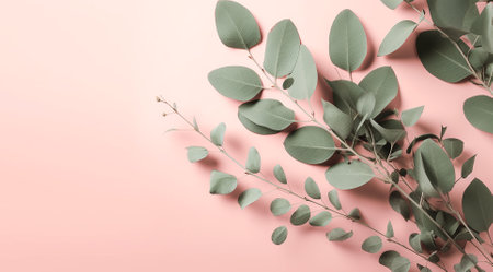 Eucalyptus leaves on pink background. Flat lay, top view, copy space. mock up template for product presentationの写真素材