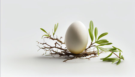 Easter egg with green twigs on a white background. 3d renderの写真素材
