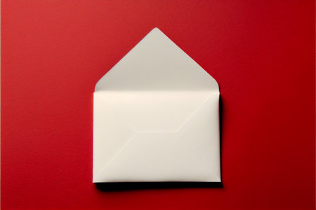 Envelope on a red background. Flat lay, top view. mock up template for product presentation