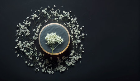 White gypsophila flowers on black background. Flat lay, top view. mock up template for product presentation.の素材