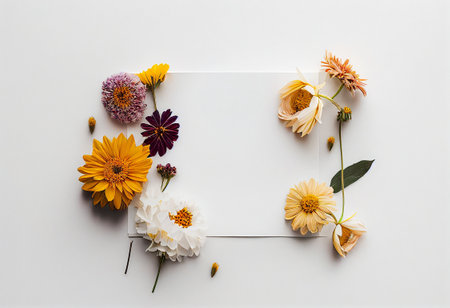 Flowers composition. Frame made of dried flowers on white background. Flat lay, top view, copy spaceの写真素材