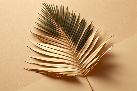 Tropical palm leaf on beige background. Flat lay, top view mock up template for product presentation. gold beigeの素材