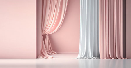 3d rendering of pink and white curtains in a room with copy space mock up template for production presentationの写真素材