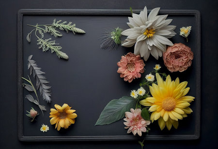 Flower composition on black background. Floral decoration. Flat lay, top view. mock up template for product presentation. fresh spring blossom flowersの写真素材