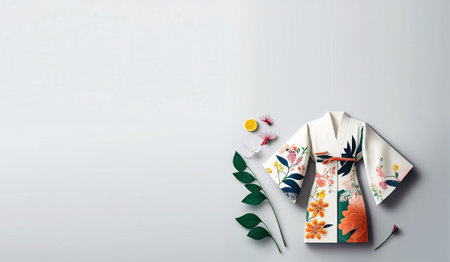 Japanese kimono and flowers on white background. Copy space. mock up template for product presentation.の写真素材