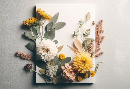 Creative layout made of dried flowers on grey background. Flat lay, top viewの写真素材
