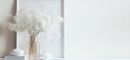 Vase with white gypsophila flowers on shelf near white wallの写真素材