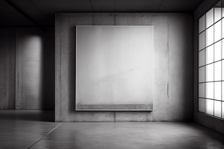 Minimalistic concrete interior with blank poster on wall. Mock up, 3D Rendering Mock up template for product presentationの写真素材