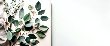 Eucalyptus branches and leaves on white background. Flat lay, top view.  Mock up template for product presentationの写真素材