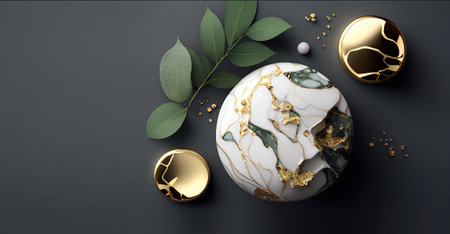 3d render of golden and black marble balls with leaves on black background.  Mock up template for product presentationの写真素材