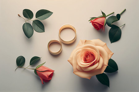 Wedding rings and rose flowers on grey background, top view. mock up template for product presentationの写真素材