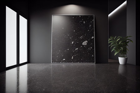 Modern interior with black and white marble walls, concrete floor, window and plant. 3d rendering mock up. mock up template for product presentationの写真素材