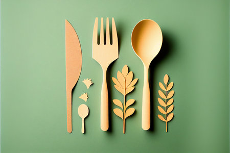 Eco friendly cutlery made of recycled paper on green background. mock up template for product presentationの写真素材