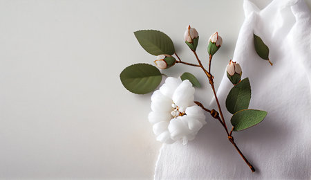 Eucalyptus branch and cotton flowers on a white background.
