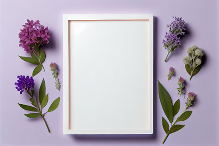 Frame mockup with lilac flowers on purple background. Flat lay, top view.