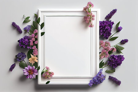 Flowers composition. Frame mockup with lilac flowers on white background. Flat lay, top view, copy...