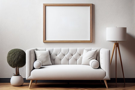 Interior of modern living room with white sofa and mock up poster. 3d renderの写真素材