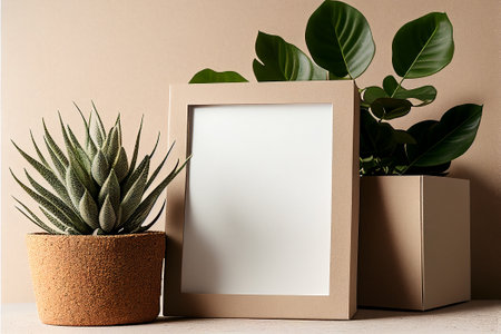 Photo frame mockup with succulent plant in pot. 3d render