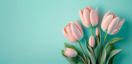Bouquet of pink tulips on turquoise background.の写真素材
