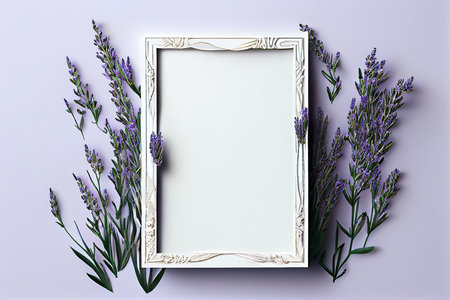 Frame with lavender flowers on color background. Flat lay, top viewの写真素材