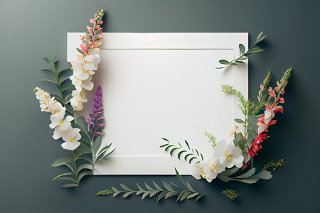 Frame with flowers and leaves on a dark background. Flat lay, top view.の写真素材