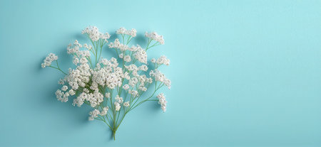 Bouquet of gypsophila flowers on blue background. Flat lay, top view, copy space. Mock up for...