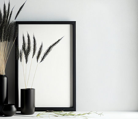 Black vase with dried flowers in black vase on white table. Mock up, 3D Renderingの写真素材