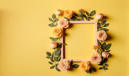 Flowers composition. Frame made of roses on yellow background. Flat lay, top view, copy space. Mock...