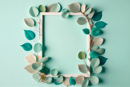 Eucalyptus leaves frame on blue background. Flat lay, top view. Mock up for product presentationの写真素材