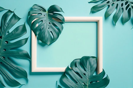 Creative layout made of monstera leaves on blue background with photo frame. Flat lay, top view...