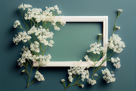 Flowers composition. Frame and gypsophila flowers on green background. Flat lay, top view, squareの素材