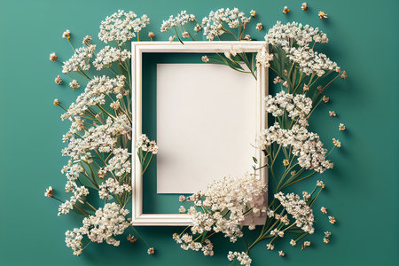 Frame with gypsophila flowers on green background. Flat lay, top view mock up template for product presentationの写真素材