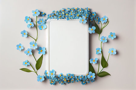 Flower frame with blue forget-me-nots on white background mock up template for product presentation.の写真素材