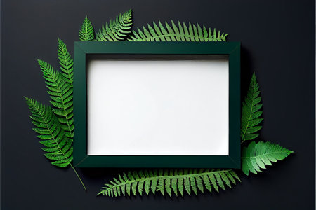 Design concept - top view of green picture frame with fern leaves on black background for mockupの素材