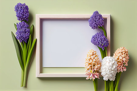 Colorful hyacinth flowers and white frame on green background. Flat lay, top view. mock up template for product presentation.の写真素材