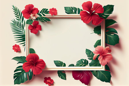 Hibiscus flowers and tropical leaves frame. Flat lay, top view mock up template for product presentation.の写真素材