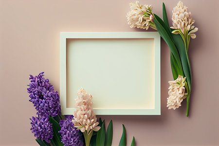 Creative layout made of hyacinth flowers and frame on pastel background. Flat lay, top view, copy space mock up template for product presentation.の写真素材