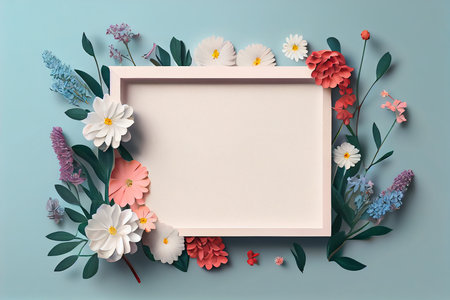 White frame with flowers on blue background. Flat lay, top view. mock up template for product presentation.の写真素材
