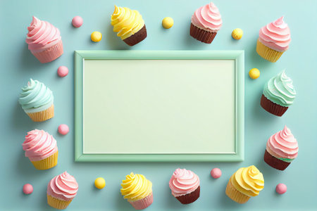 Cupcakes with blank paper frame on blue background, top viewの素材