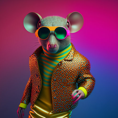 Realistic lifelike mouse rat in fluorescent electric highlighters ultra-bright neon outfits, commercial, editorial advertisement, surreal surrealism. 80s Era comebackの素材