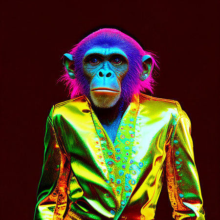 Realistic lifelike chimpanzee in fluorescent electric highlighters ultra-bright neon outfits, commercial, editorial advertisement, surreal surrealism. 80s Era comebackの素材