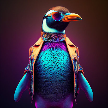 Realistic lifelike penguin in fluorescent electric highlighters ultra-bright neon outfits, commercial, editorial advertisement, surreal surrealism. 80s Era comebackの素材