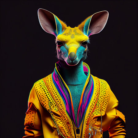 Realistic lifelike kangaroo in fluorescent electric highlighters ultra-bright neon outfits, commercial, editorial advertisement, surreal surrealism. 80s Era comebackの素材