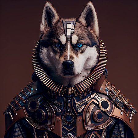 Siberian husky dog in armor. Portrait of a husky dog.の素材