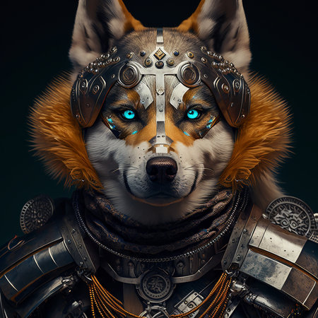 Portrait of a beautiful Siberian Husky dog in a helmet and armor.の素材