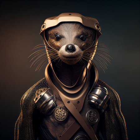 Portrait of a ferret in a helmet and gas mask.の素材