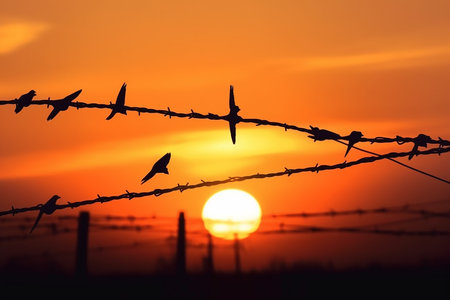 Silhouette of swallows and barbed wire on sunset backgroundの写真素材